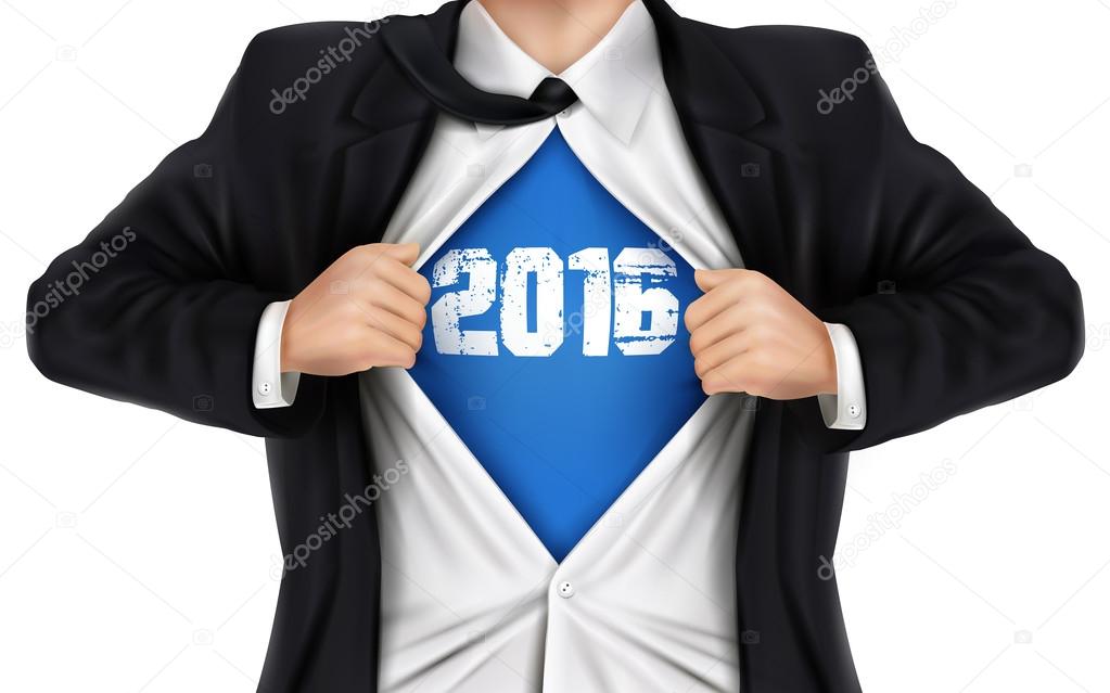 businessman showing 2016 underneath his shirt 