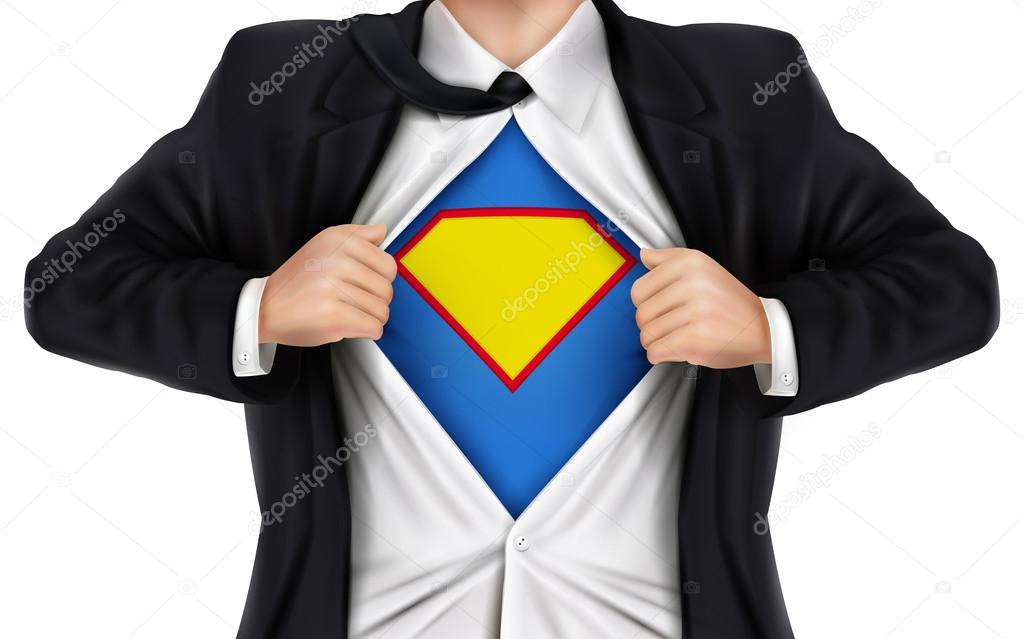 Businessman showing super hero icon underneath his shirt