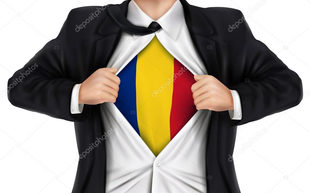 businessman showing Romania flag underneath his shirt 