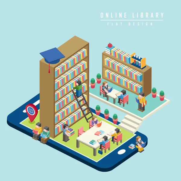 Conceptul bibliotecii online infografic izometric 3d — Vector de stoc