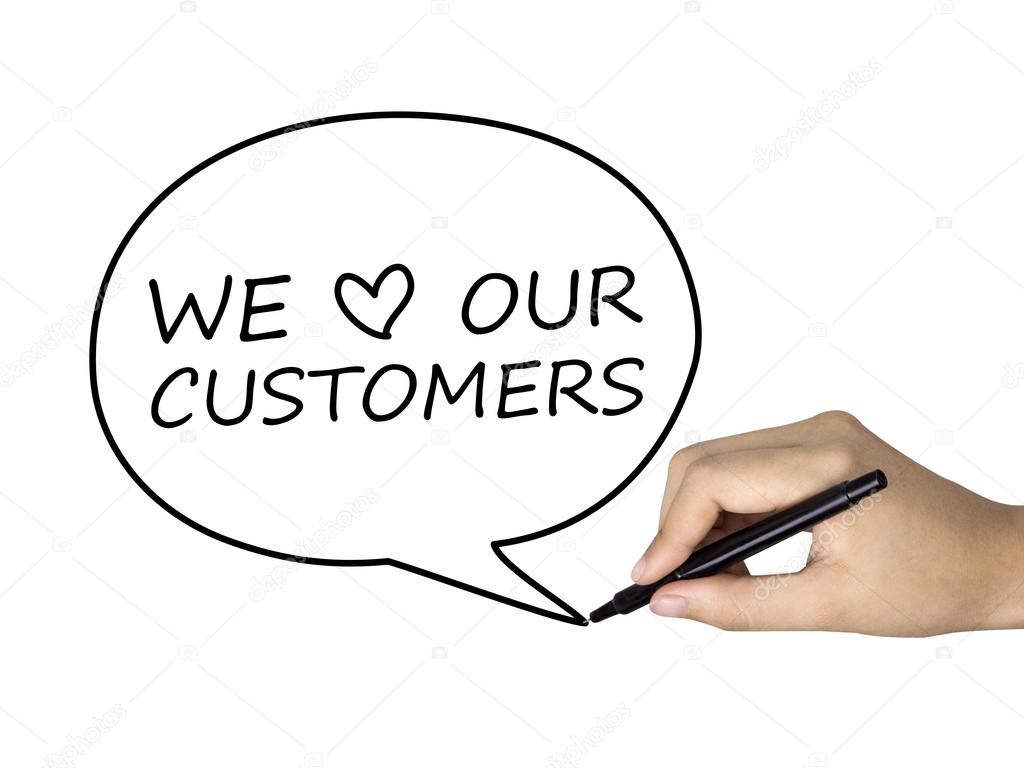 we love our customers words in speech bubble 