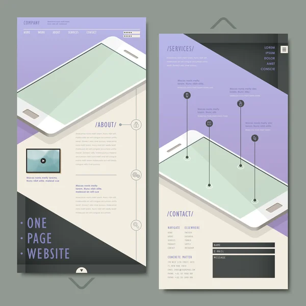 Elegantes einseitiges Website-Template-Design mit Handy — Stockvektor