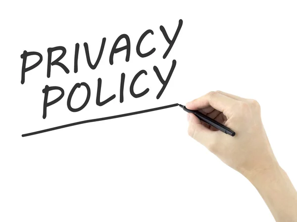 Política de privacidad palabras escritas por la mano del hombre — Foto de Stock