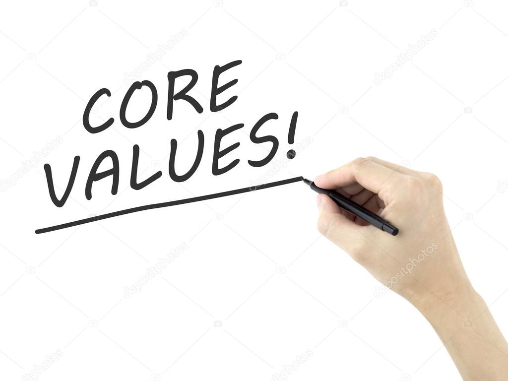 core values words written by man's hand 