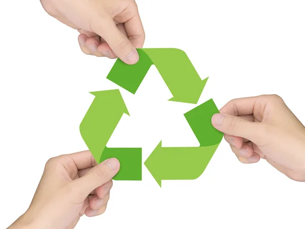 Conceito de reciclagem: mãos segurando ícone de reciclagem — Fotografia de Stock