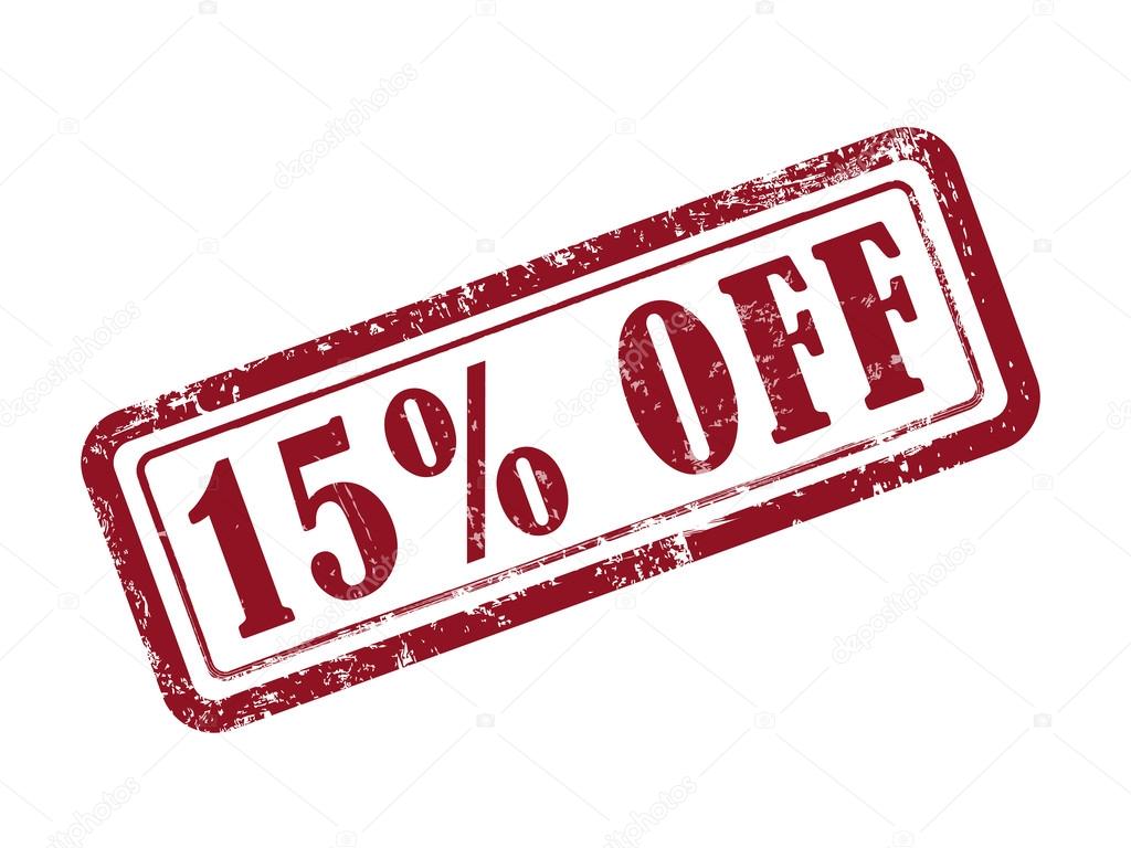 stamp 15 percent off in red text on white