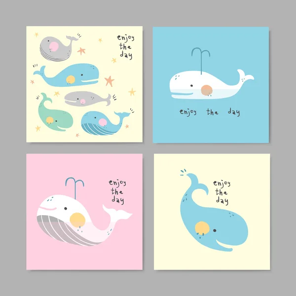 Conjunto de tarjetas de felicitación adorables con hermosas ballenas — Vector de stock