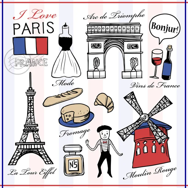 France famous things and landscapes — Stock Vector