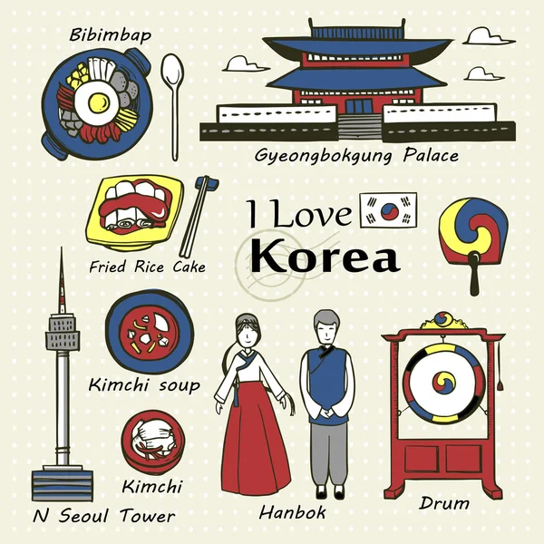 Kore ünlü şeyler ve manzara — Stok Vektör