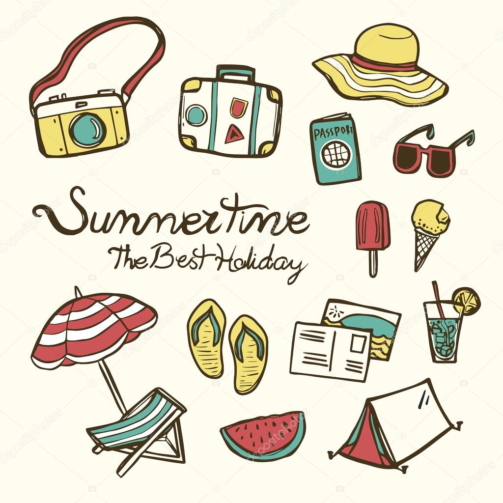 Lovely summertime essentials in colorful hand drawn style