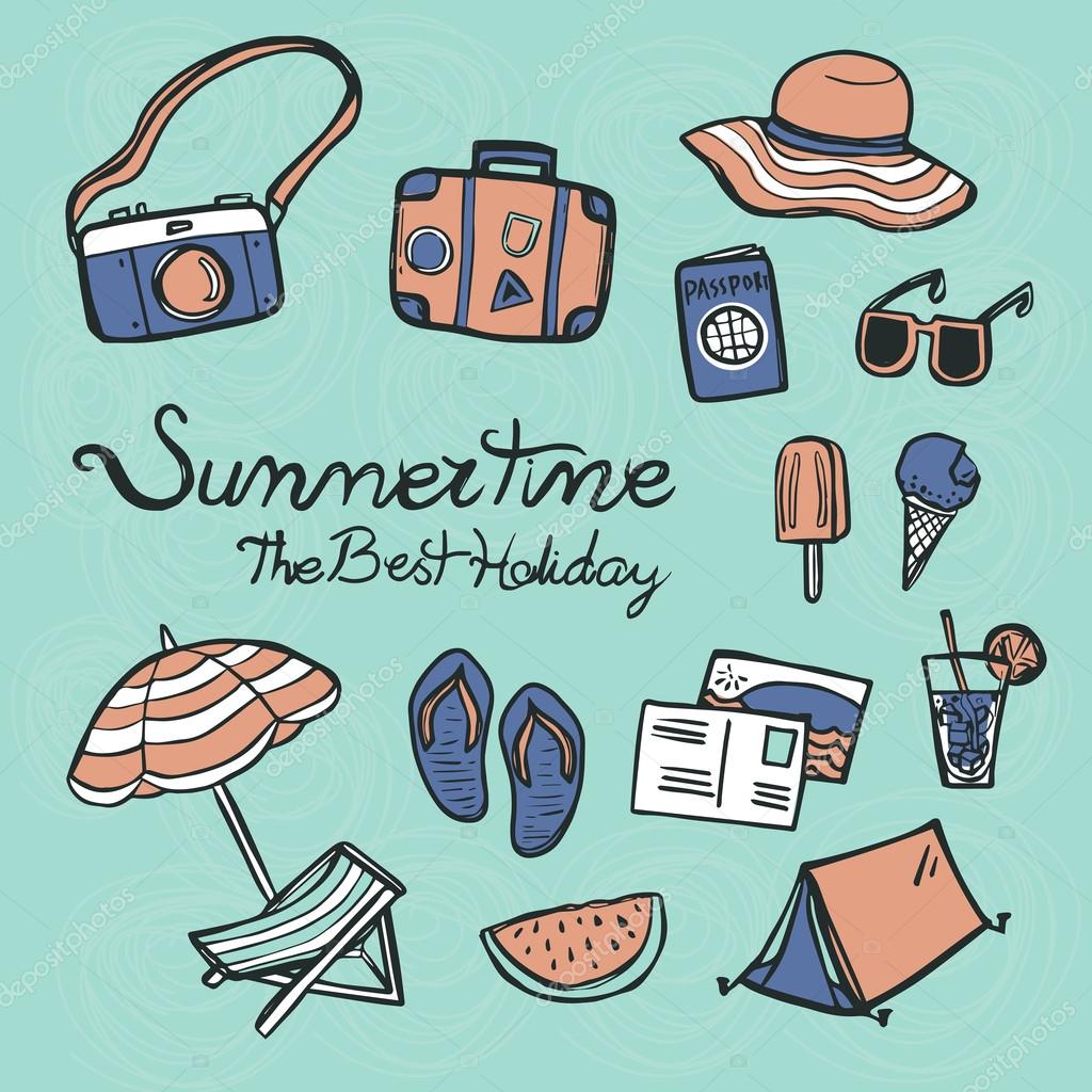 Lovely summertime essentials in colorful hand drawn style