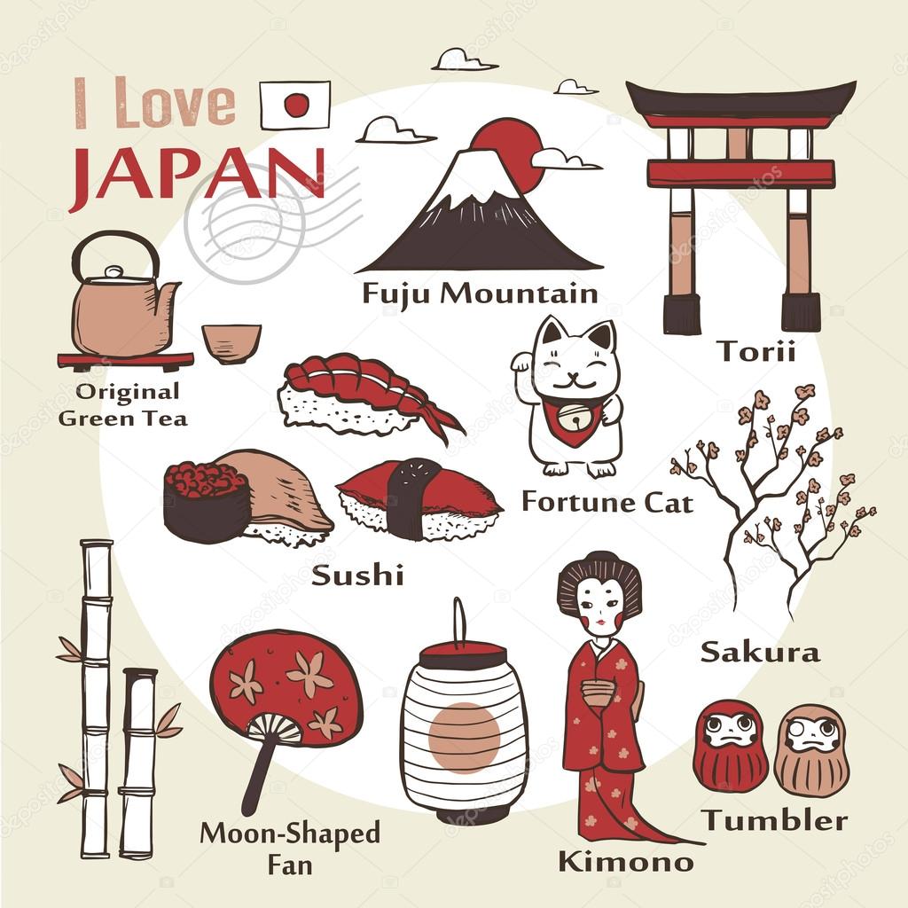 Japan famous things and landscapes Stock Vector by ©kchungtw 74077655