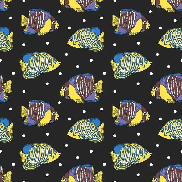 多彩手绘热带鱼无缝背景 — 图库矢量图片