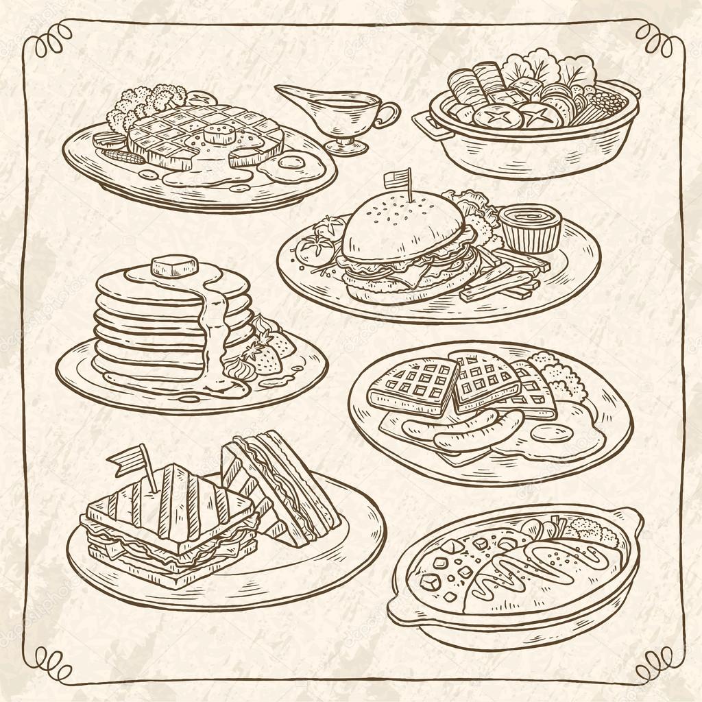 retro hand drawn style delicious dishes collection
