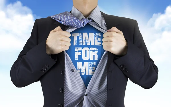 Businessman showing Time for me words underneath his shirt — Stock Photo, Image