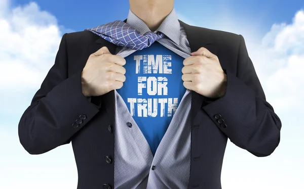 Businessman showing Time for truth words underneath his shirt — Stock Photo, Image
