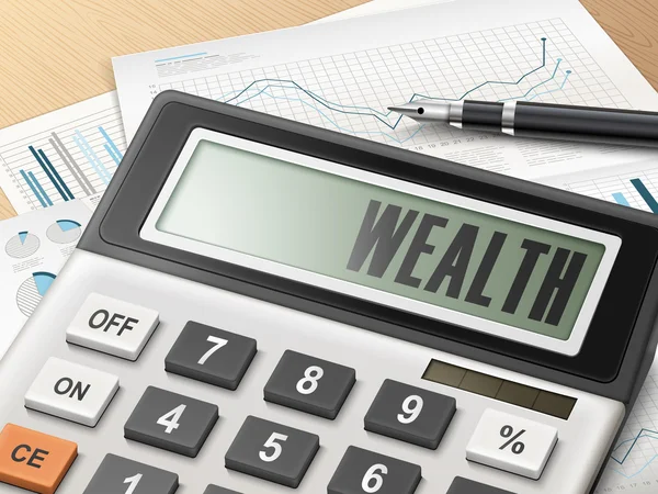 Calculator with the word wealth — Stockvector