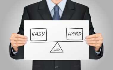 businessman holding balance between ways of reaching a solution 