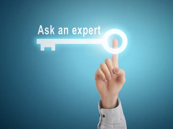 Male hand pressing ask an expert key button — Stok Vektör
