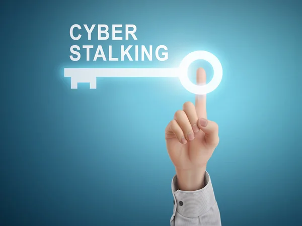 Mano maschile premendo tasto tasto tasto cyber stalking — Vettoriale Stock