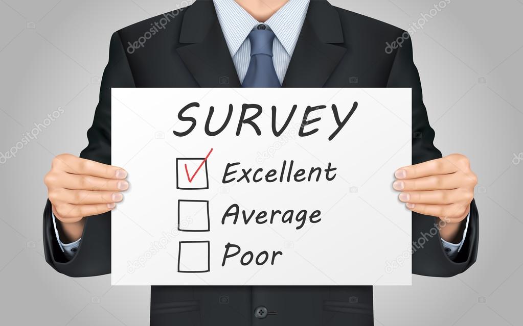 businessman holding quality survey poster