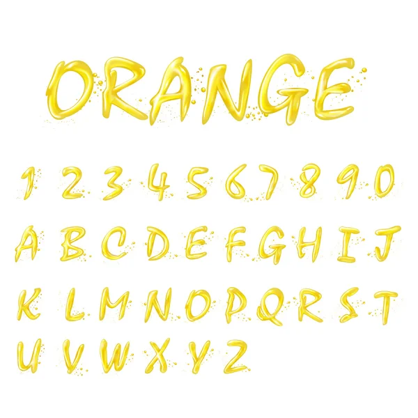 Collection d'alphabets et de numéros orange liquide — Image vectorielle