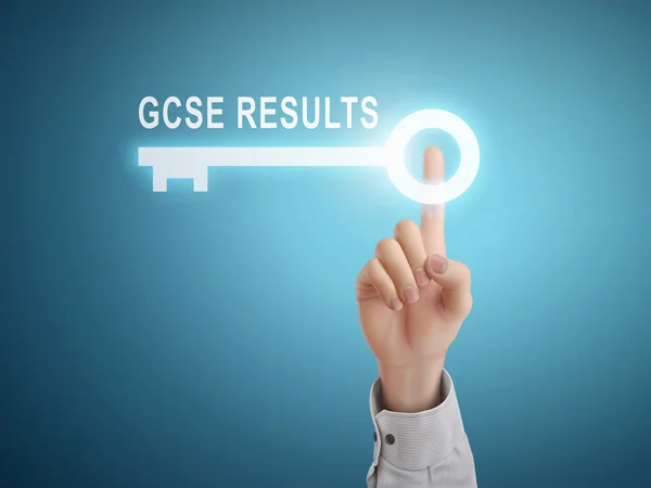 Male hand pressing GCSE results key button — Stock Vector