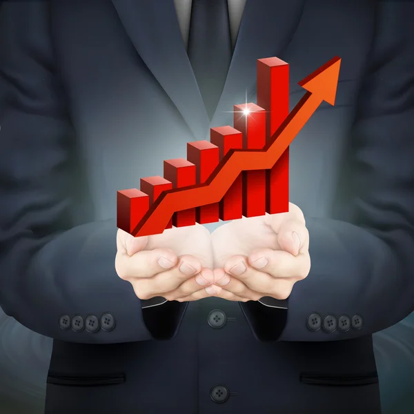 Podnikatel drží pruhový graf s rostoucí šipka — Stockový vektor