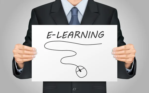 Empresário segurando cartaz de e-learning —  Vetores de Stock