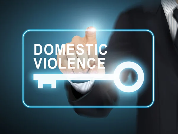 Чоловіча рука натискає кнопку домашнього насильства — стоковий вектор