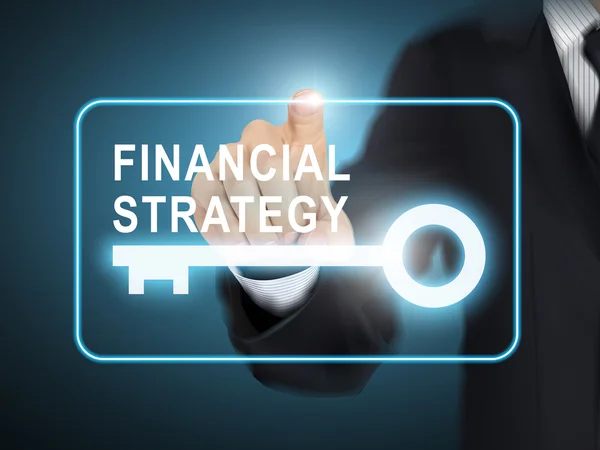 Main mâle appuyant sur le bouton clé de stratégie financière — Image vectorielle