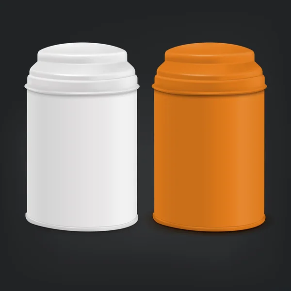 Ronde tinnen verpakking ingesteld in wit en oranje — Stockvector