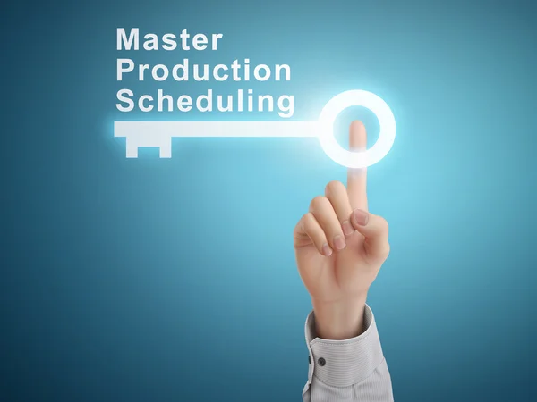 Druk op master productieplanning sleutelknop naast mannenhand — Stockvector