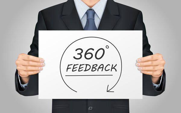 businessman holding 360 feedback content poster