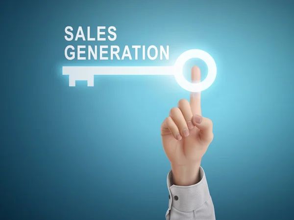 Mannenhand verkoop generatie sleutel knop in te drukken — Stockvector