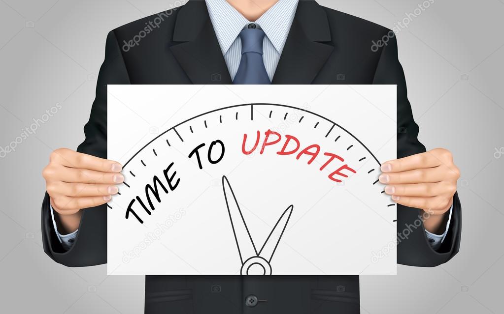 businessman holding time to update poster