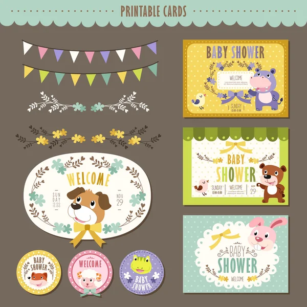 Adorabile animali personaggi baby carte doccia — Vettoriale Stock