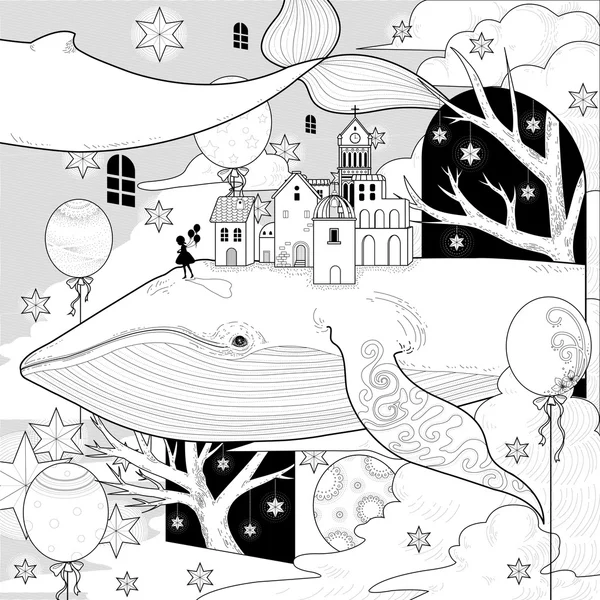 Fantastic whale coloring page — Stock Vector