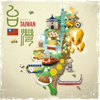 lovely Taiwan landmarks and snacks map in flat style clipart