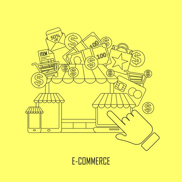 Concepto de comercio electrónico en estilo de línea delgada — Vector de stock