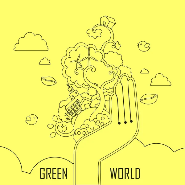 Mundo verde en estilo de línea delgada — Vector de stock