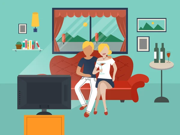 Couple regardant la télévision dans le salon — Image vectorielle