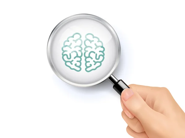 Brain icon showing through magnifying glass held by hand — Stock Vector