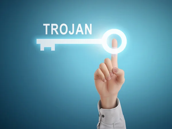 Mannenhand Trojaanse sleutel knop in te drukken — Stockvector
