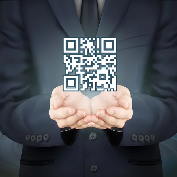 Zakenman Qr code pictogram houden — Stockvector