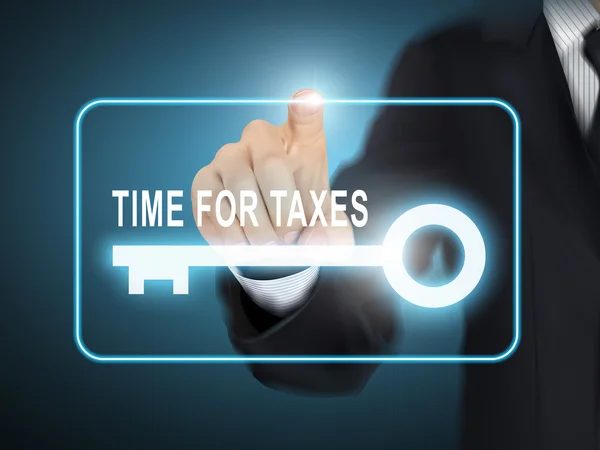 Main masculine appuyant sur le temps pour les impôts bouton clé — Image vectorielle