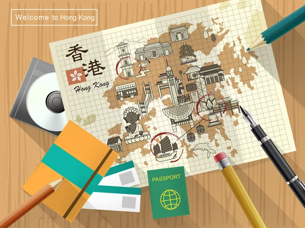 Mapa de viagem de Hong Kong — Vetor de Stock
