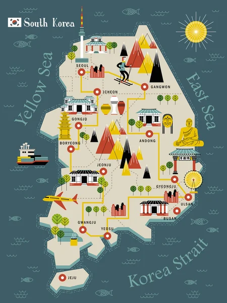 Mapa de viajes de Corea del Sur — Archivo Imágenes Vectoriales