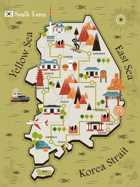 Mapa de viagem de Coreia do Sul — Vetor de Stock