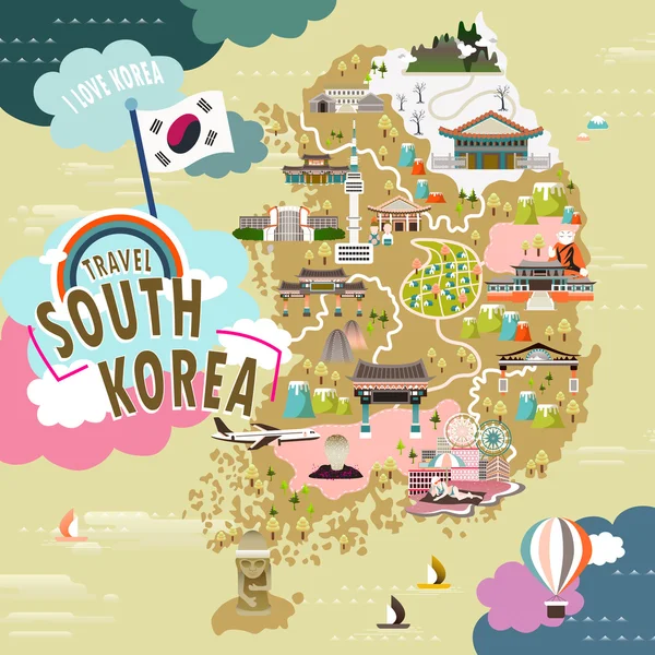 Mapa de viajes de Corea del Sur — Vector de stock